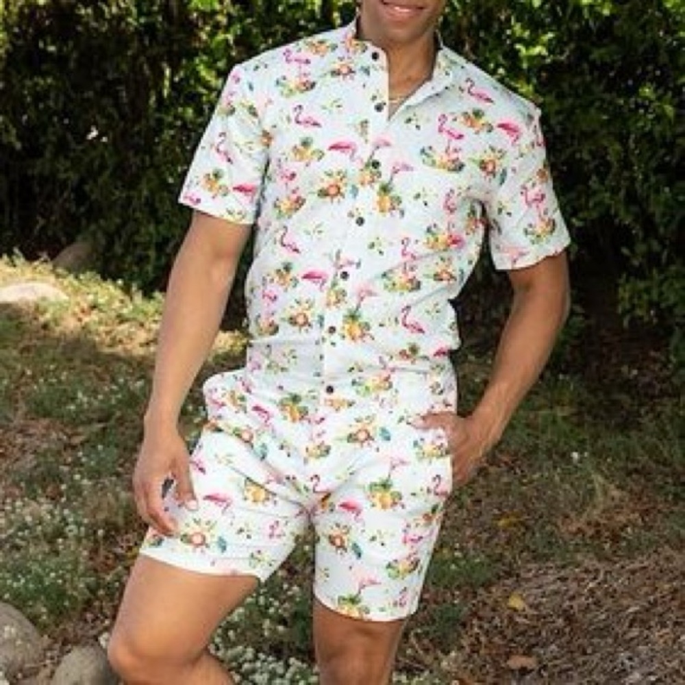 Romperjack Paradise Men’s Romper Flamingo Floral Pineapple Print, Size 2XL